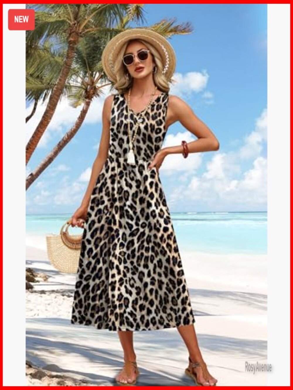 Flowy Midi Dress V Neck Sleeveless Casual Summer Dress with Pockets - Picture 4 of 7